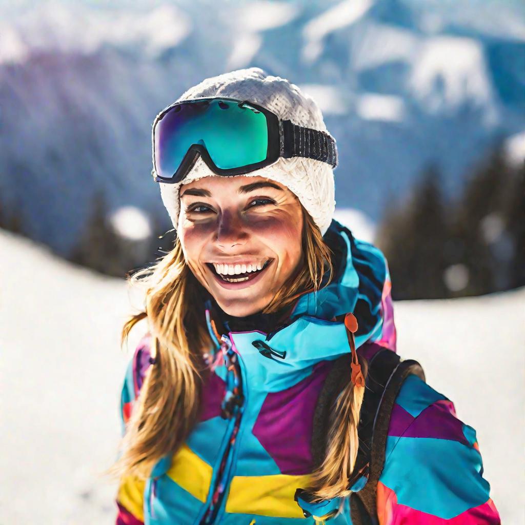 Девушка-лыжница в очках улыбается на фоне гор