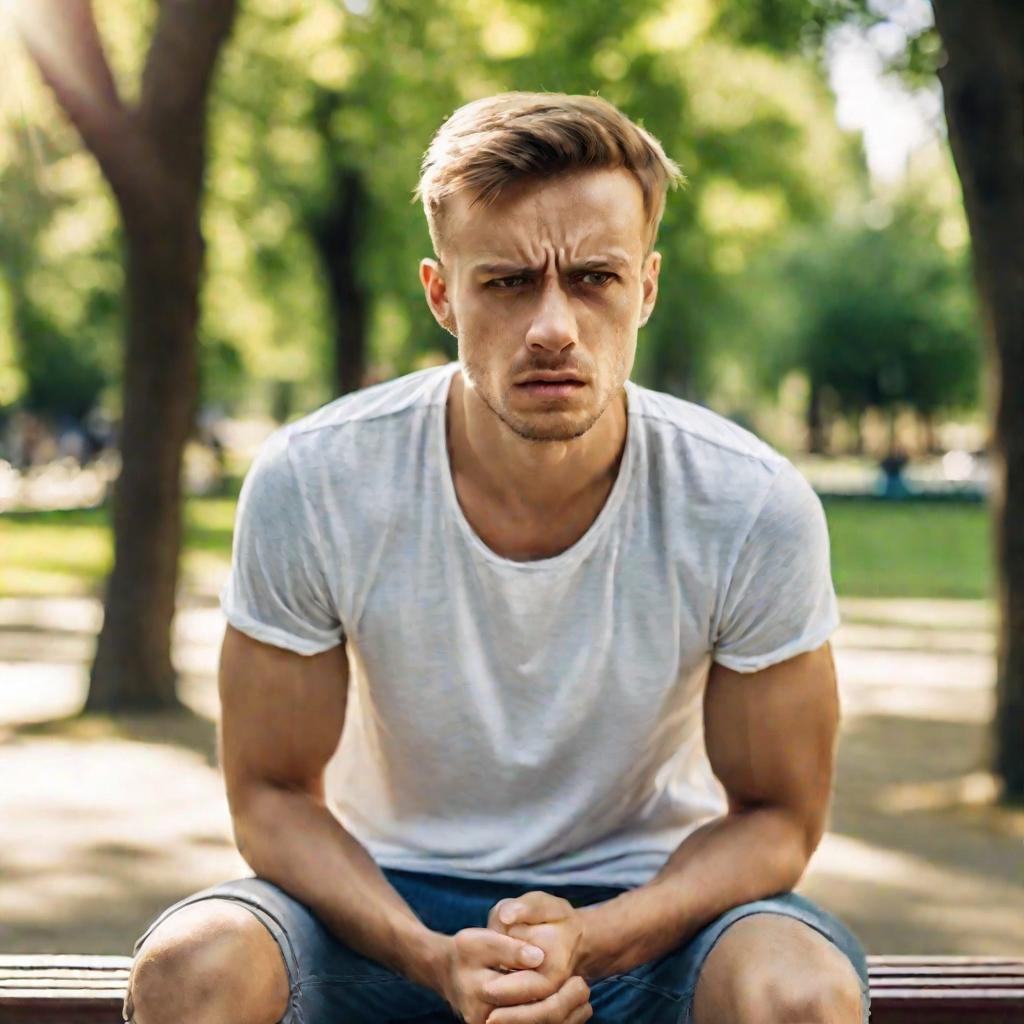 Молодой мужчина, сидящий на скамейке в парке, прижимает руку к низу живота, изображая боль