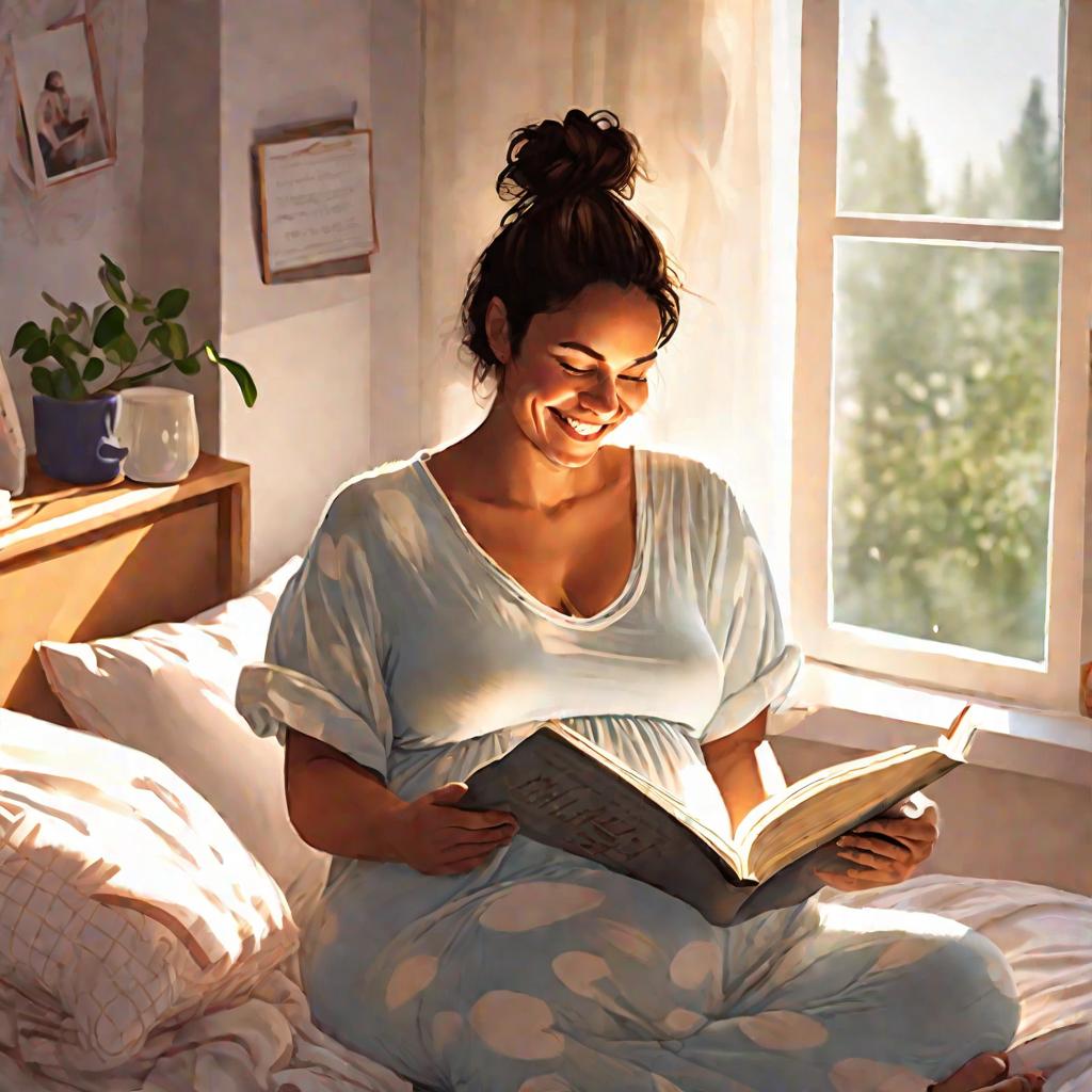 Беременная читает книгу о беременности в постели