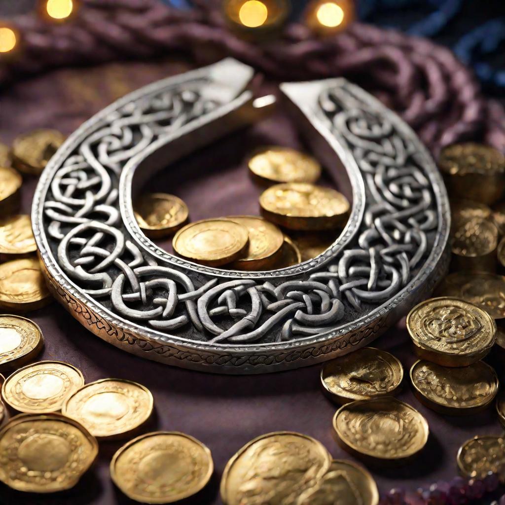 Крупный план изысканной серебряной подковы, украшенной замысловатым кельтским плетением, лежащей на кучке золотых монет и драгоценностей. Драматичное освещение подчеркивает детали. Нерезкий фон.