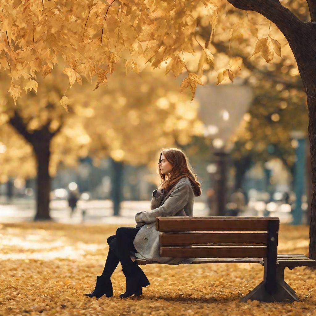 Девушка грустит на скамейке в парке осенью