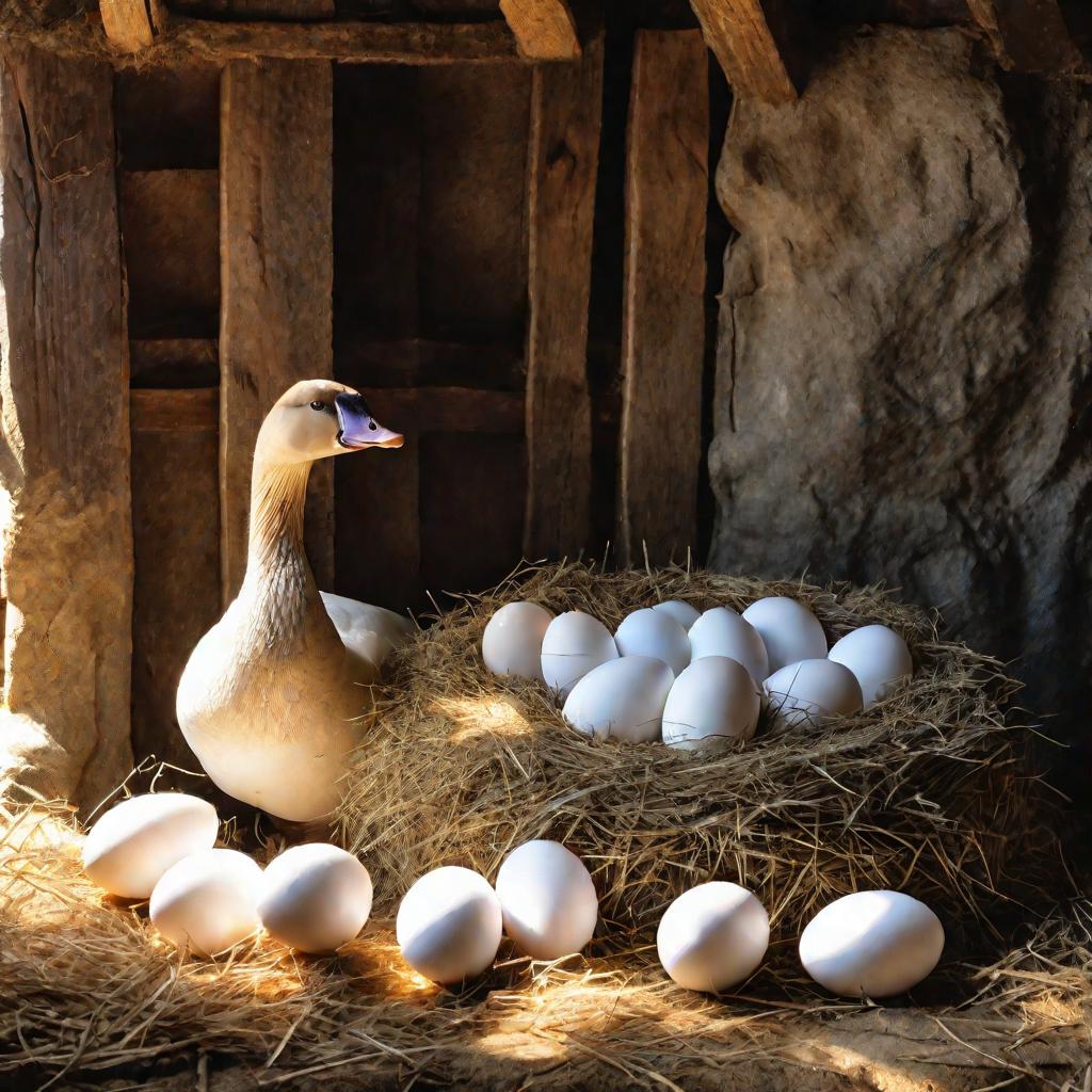 Гнездо гусыни с яйцами