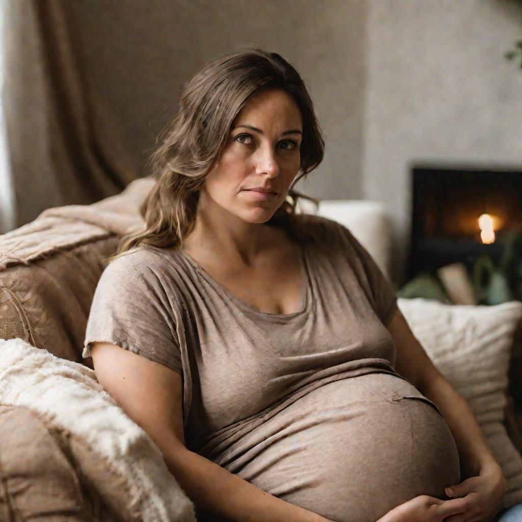 Беременная женщина задумчиво сидит дома на диване