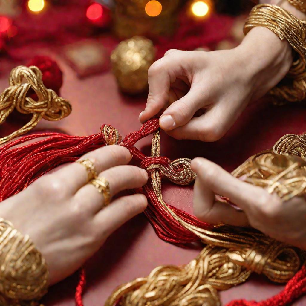 Руки, завязывающие узелки на незаконченной красно-золотой новогодней фенечке.