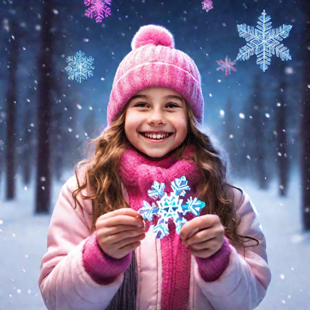 Девушка в розовой шапке держит только что сплетенную яркую фенечку со снежинками на фоне зимнего леса.