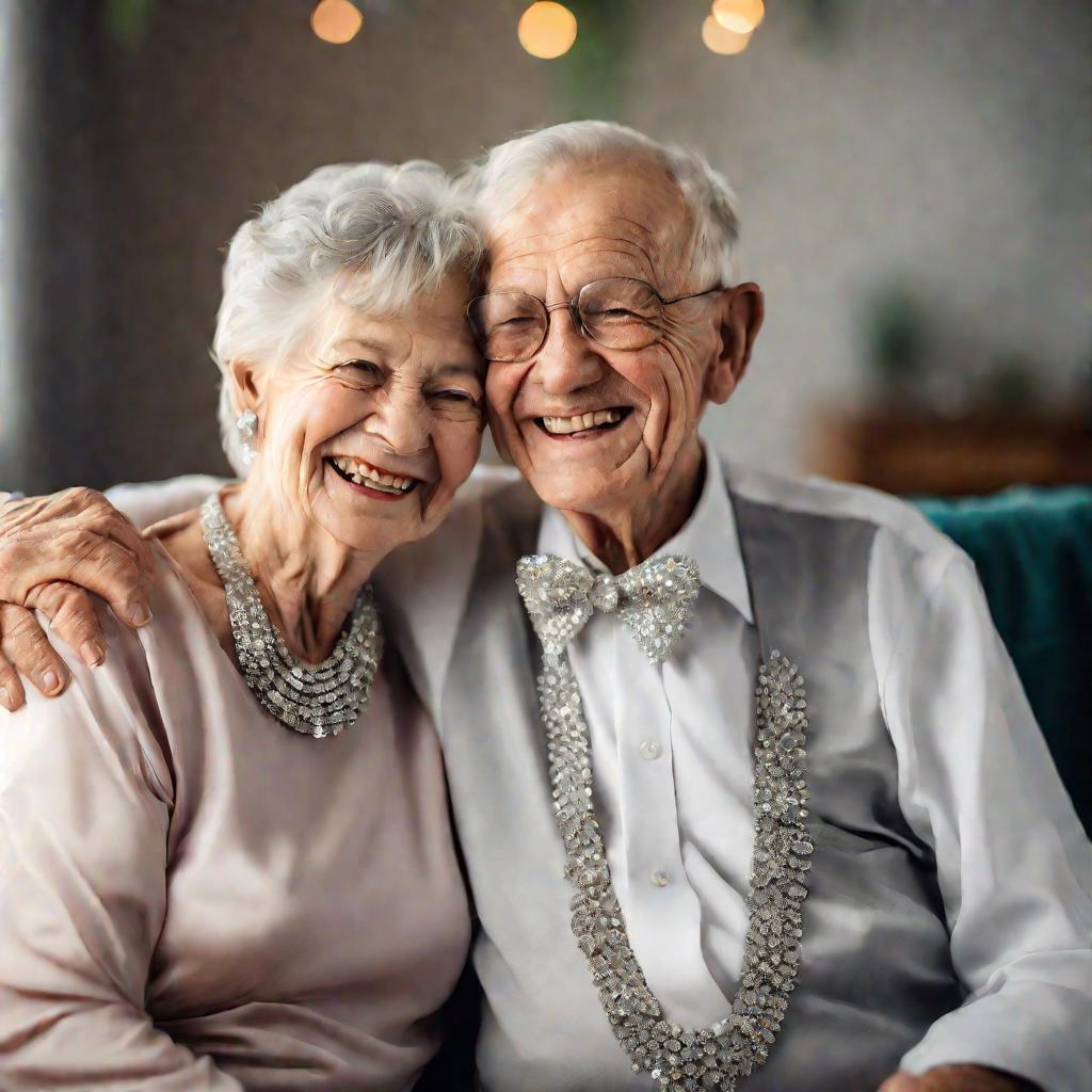 Портрет пожилой пары в день бриллиантовой свадьбы