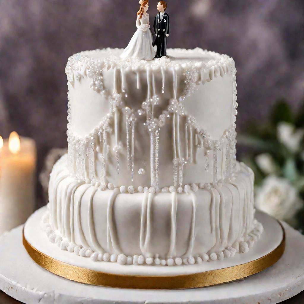 Средний план красиво украшенного праздничного торта с фигурками невесты и жениха наверху. Торт в белой глазури с элегантным хрустальным декором, стекающим по бокам, и надписью
