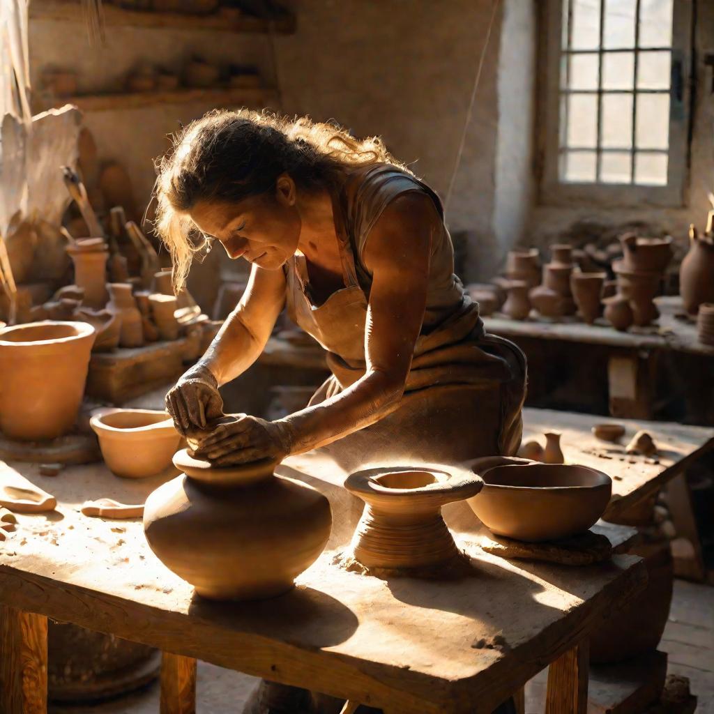 Женщина лепит фигурку из глины на гончарном круге в мастерской на закате. Солнечный свет заливает ее работу. Она наклонилась вперед, полностью сосредоточена на формовке мокрой глины. Мастерская заполнена инструментами для керамики и незавершенными керамич