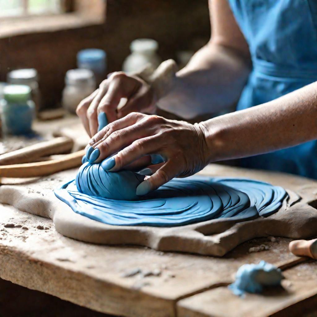 Крупный план рук, мнут и формуют полимерную глину на деревянной рабочей поверхности. Сцена ярко освещена естественным светом из близлежащего окна. Руки принадлежат женщине в цветочном фартуке. Она катает и разглаживает кусок ярко-синей глины, вдавливая ег