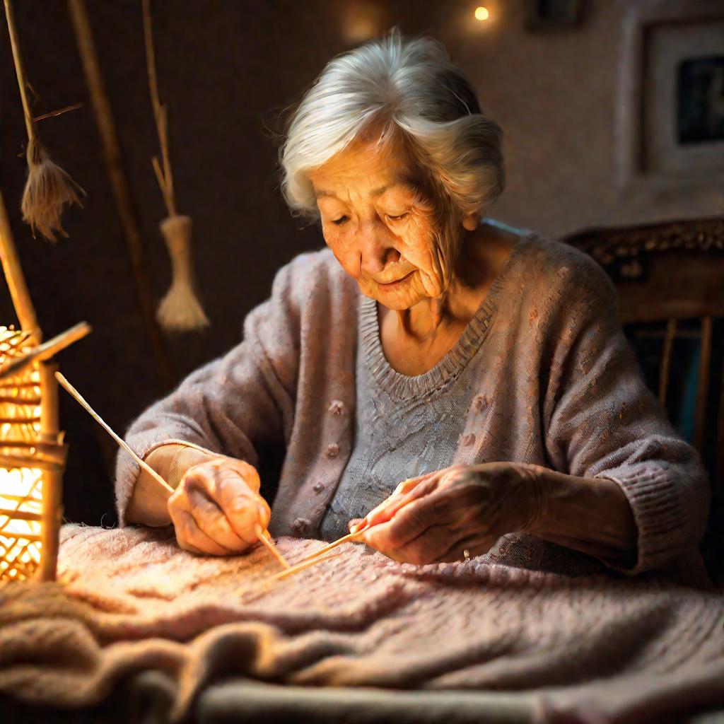 Бабушка вяжет кофточку внучке
