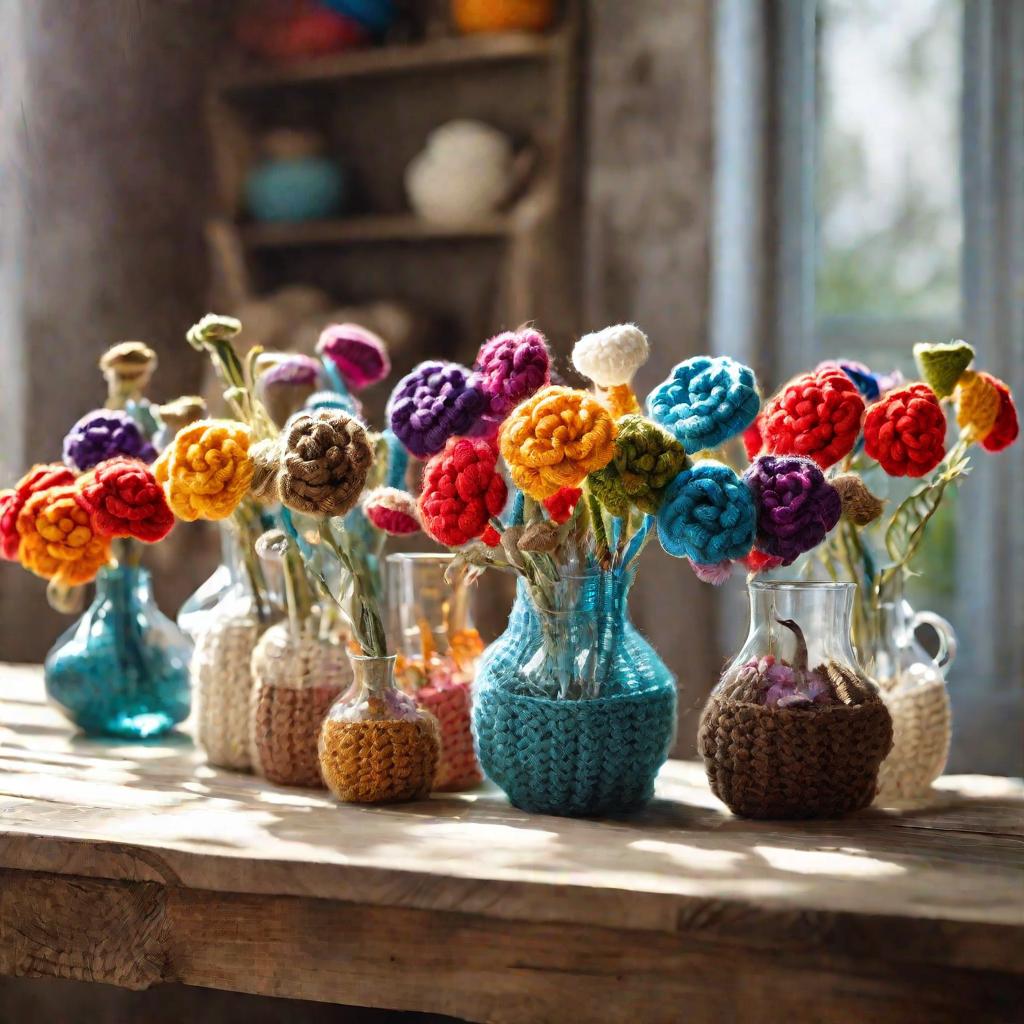 Яркие вязаные цветы в вазах на деревянном столе оживляют интерьер