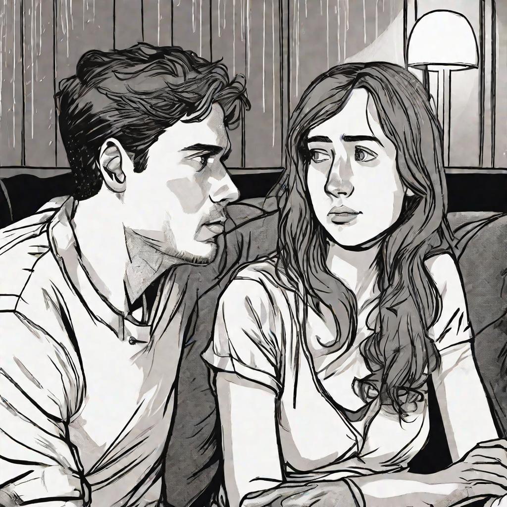 Молодая пара сидит на диване в дождливый вечер, ведя серьезный разговор. Женщина выглядит обеспокоенной, а мужчина говорит с ней искренне, держа ее за руку.