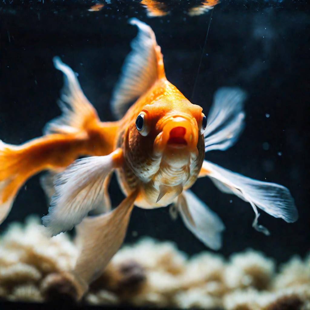 Больная золотая рыбка с грибковым поражением в лечебном аквариуме
