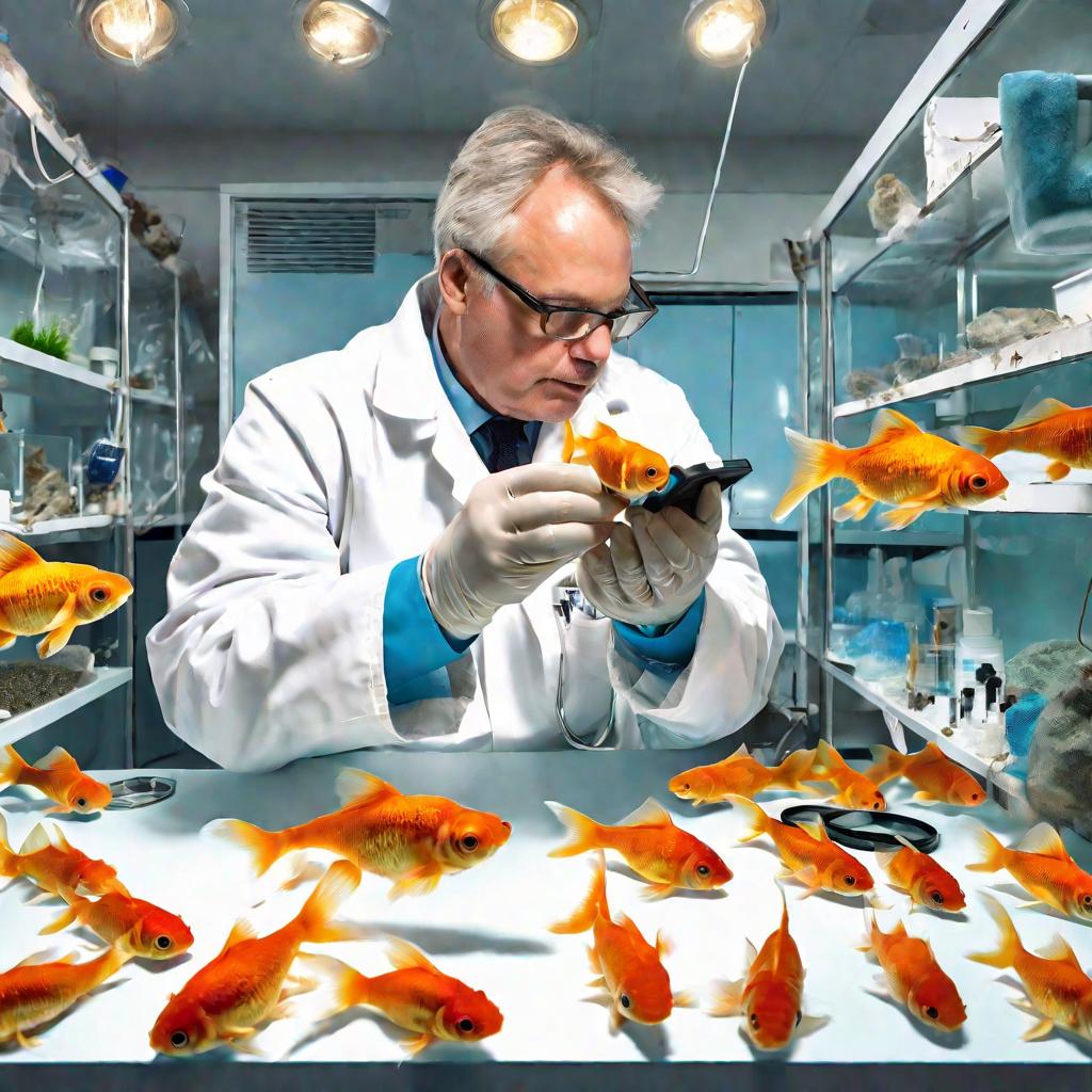 Ветеринар осматривает золотую рыбку с поврежденными плавниками