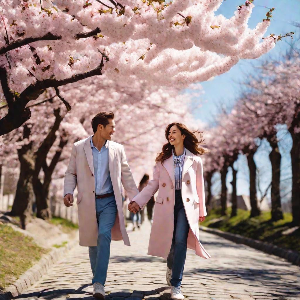 Пара идет под цветущими вишнями