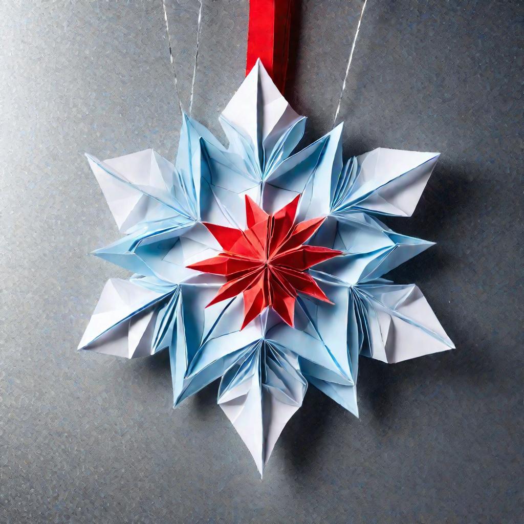 Объемная белая снежинка оригами с красной лентой висит на серебристом фоне