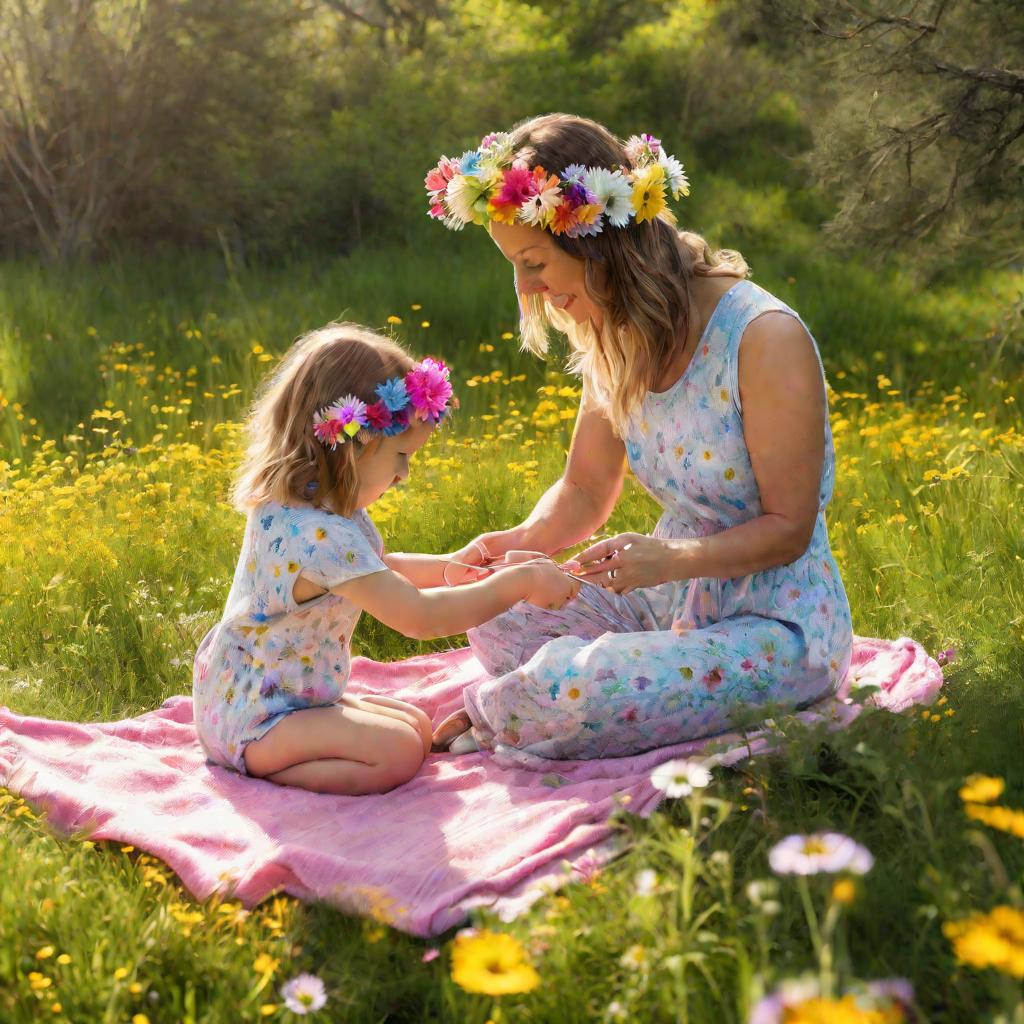 Мама учит дочку вязанию комбинезона в цветущем лугу.