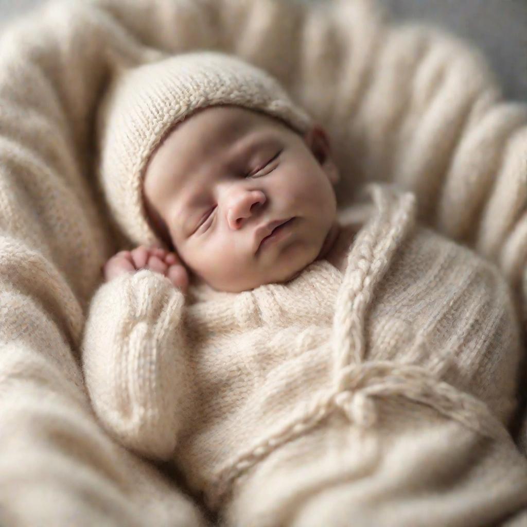 Новорожденный в вязаном шерстяном комбинезоне.