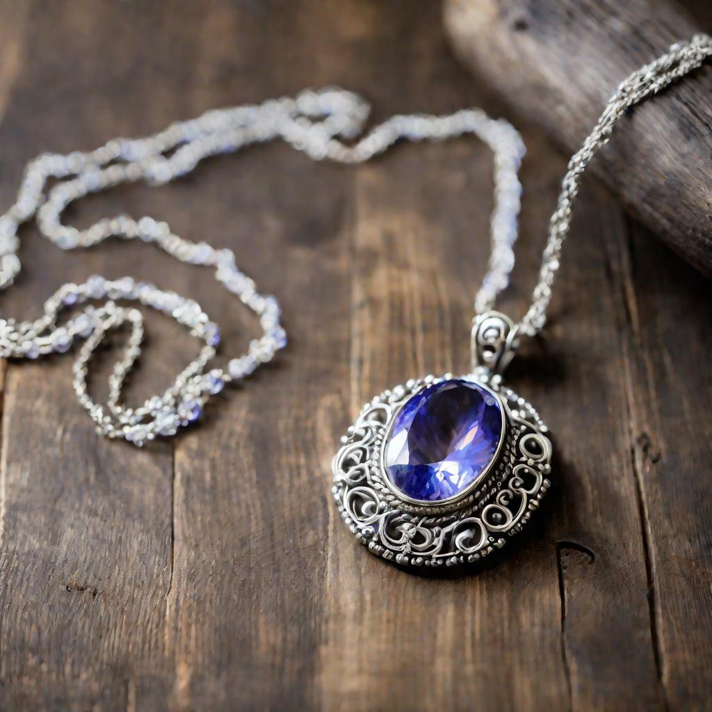 Ожерелье с танзанитом на деревянном столе