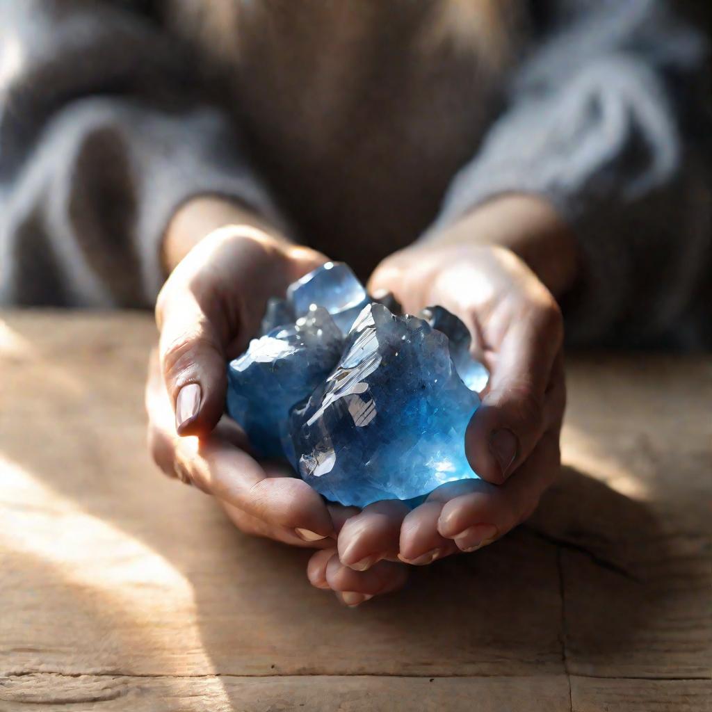 Голубой кристалл кварца в руках женщины