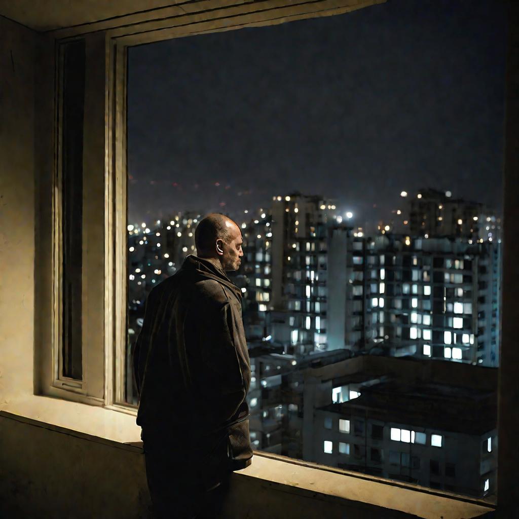 Мужчина смотрит в окно изъятой квартиры ночью.