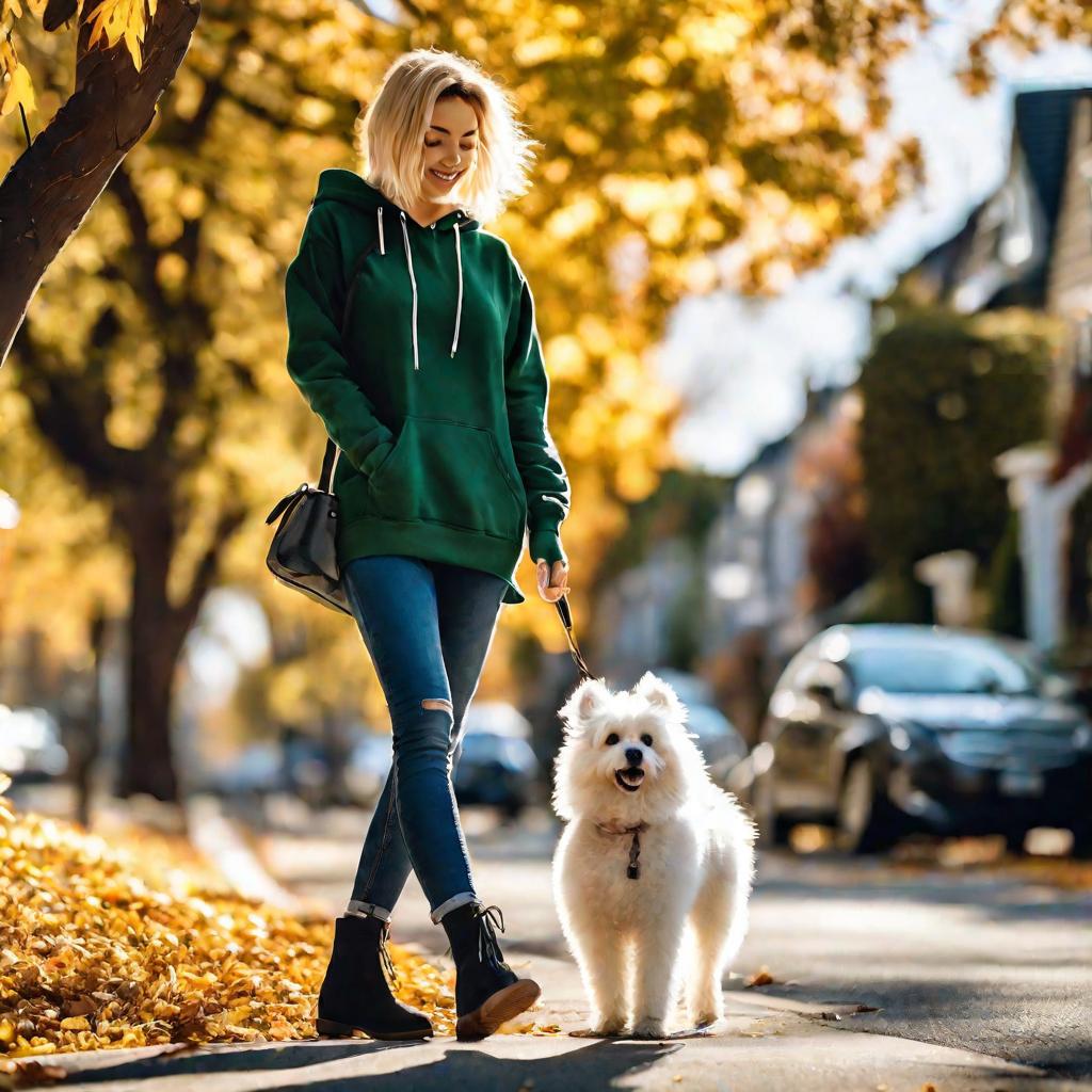 Девушка в толстовке гуляет с собакой