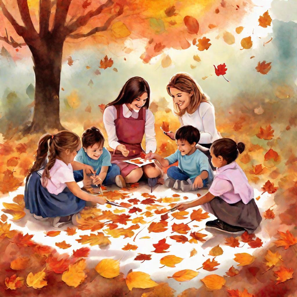 Воспитательница рисует с детьми осенние листья