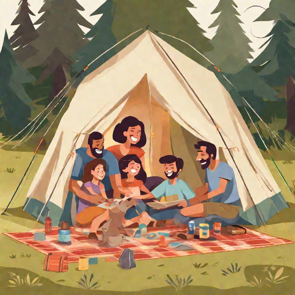 Счастливая семья проводит время вместе в просторной палатке в кемпинге в летний вечер