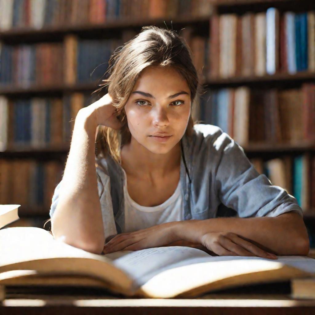 Портрет девушки-студентки, увлеченно читающей учебник в библиотеке