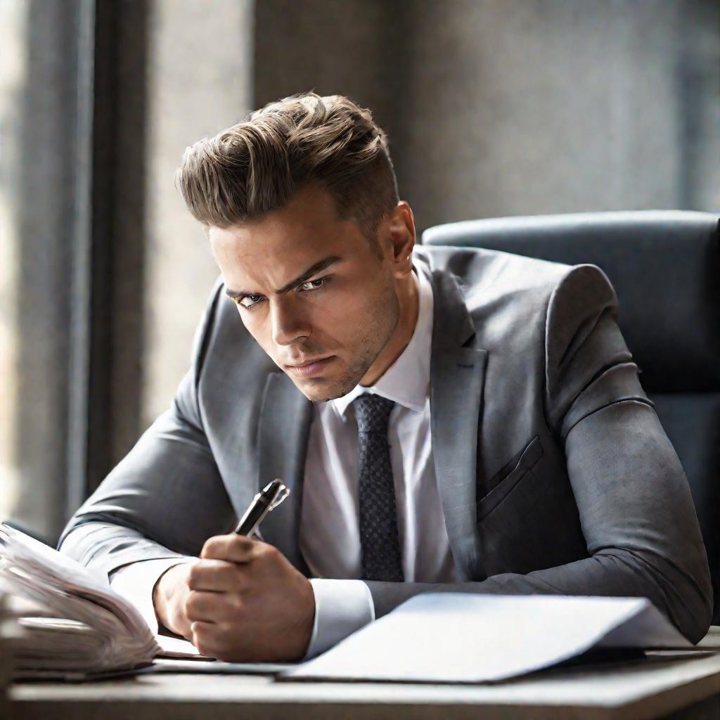 Портрет молодого бизнесмена в костюме, сидящего за офисным столом.