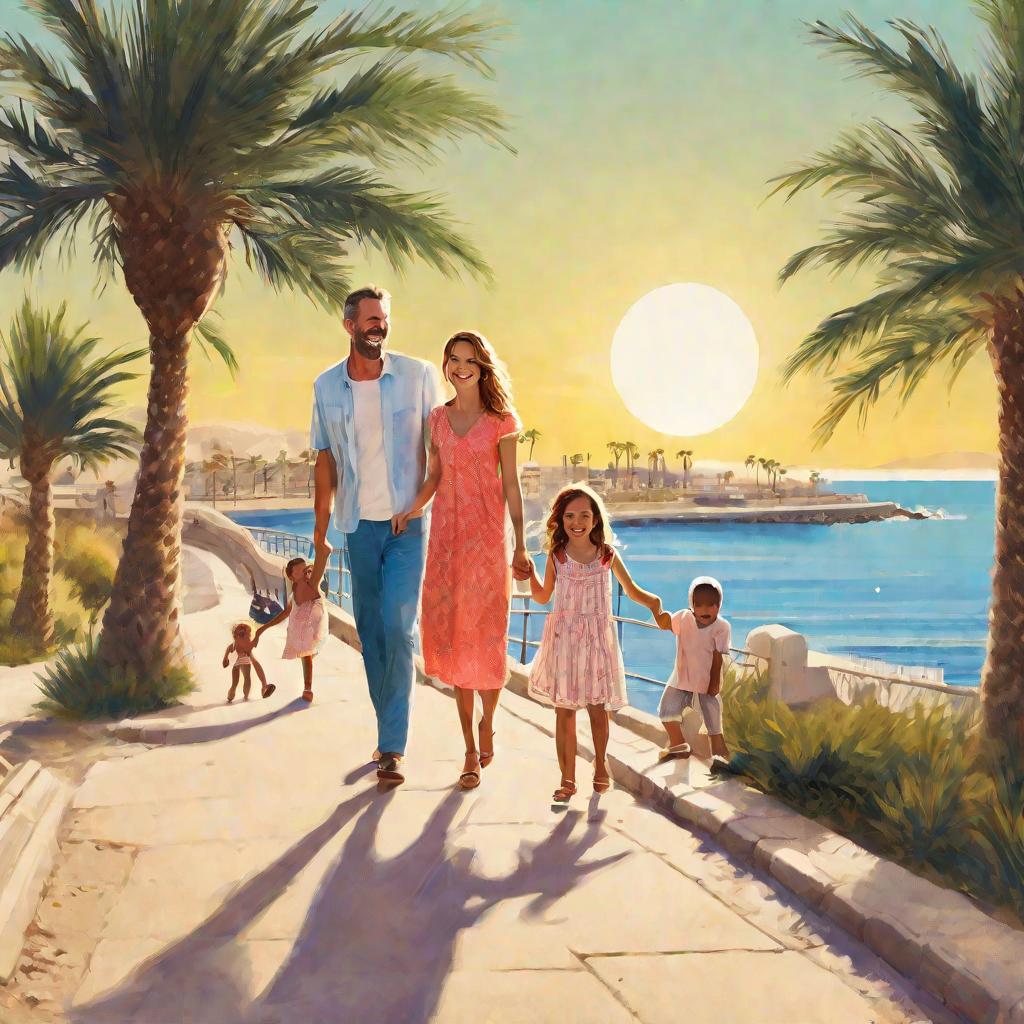 Семья гуляет по набережной Алании
