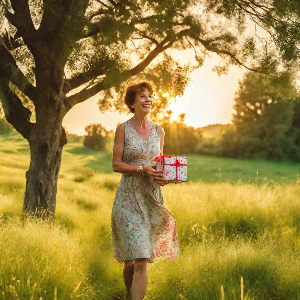 Женщина идет по залитому солнцем лугу с подарком в руках на закате