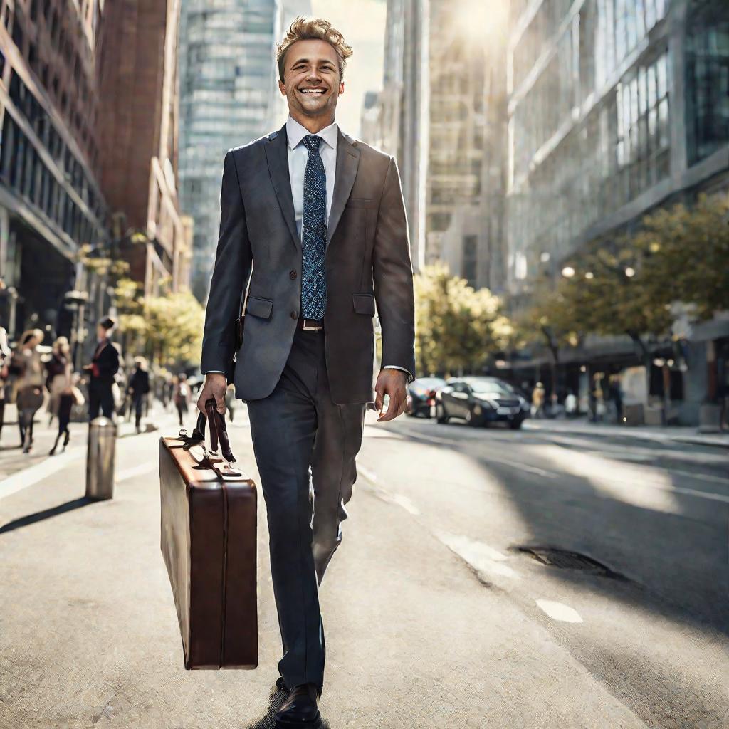 Бизнесмен идет по улице с портфелем