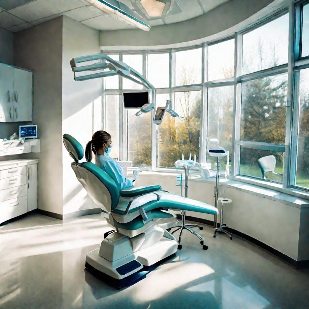 Стоматологический кабинет, где врач осматривает зубы пациента.