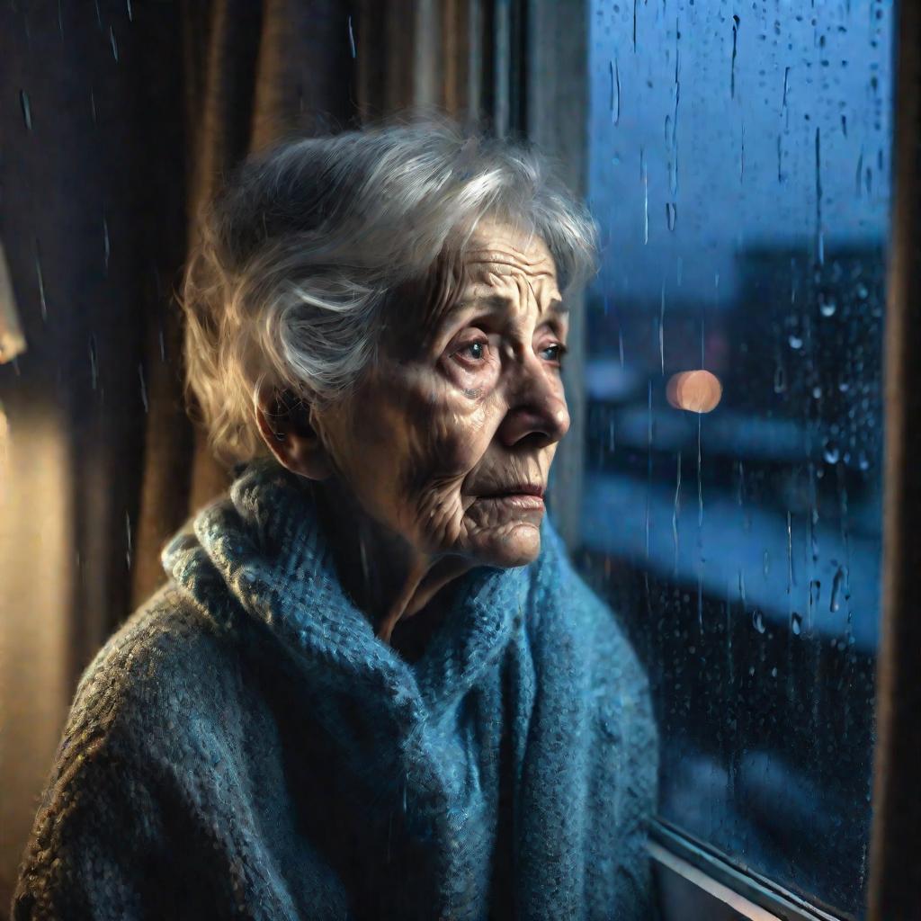 Пожилая женщина у окна ночью