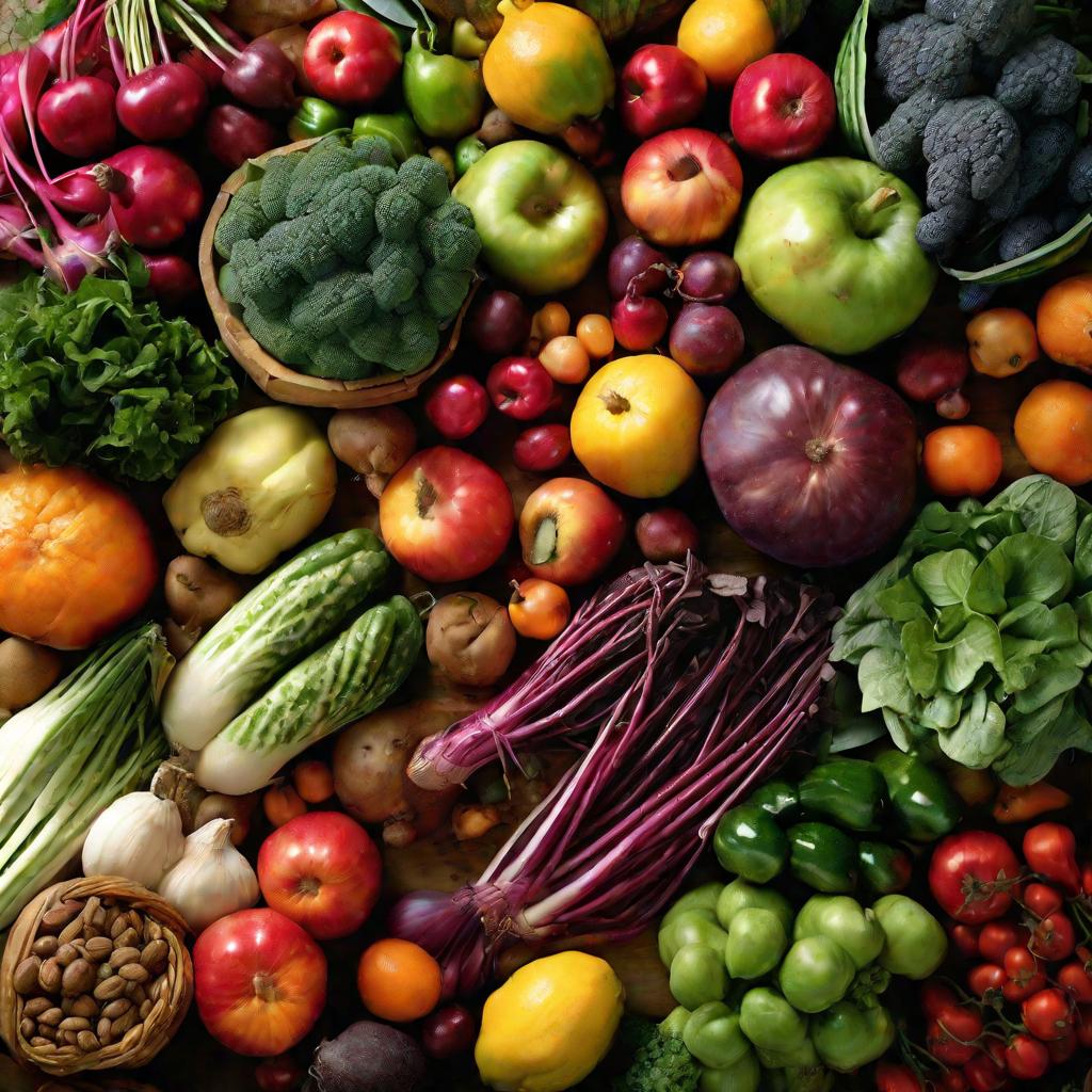 Рыночный прилавок с обилием свежих овощей и фруктов
