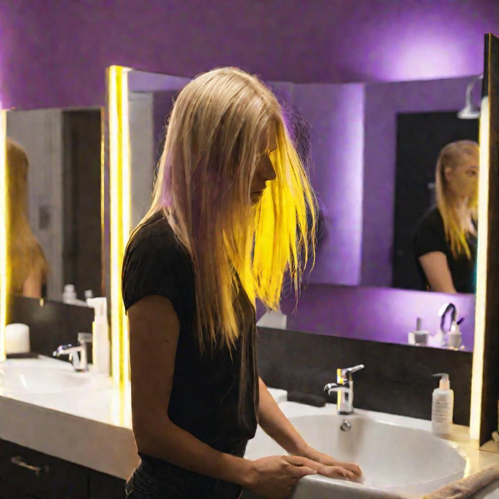 Женщина смотрит на окрашенные в фиолетовый цвет кончики волос
