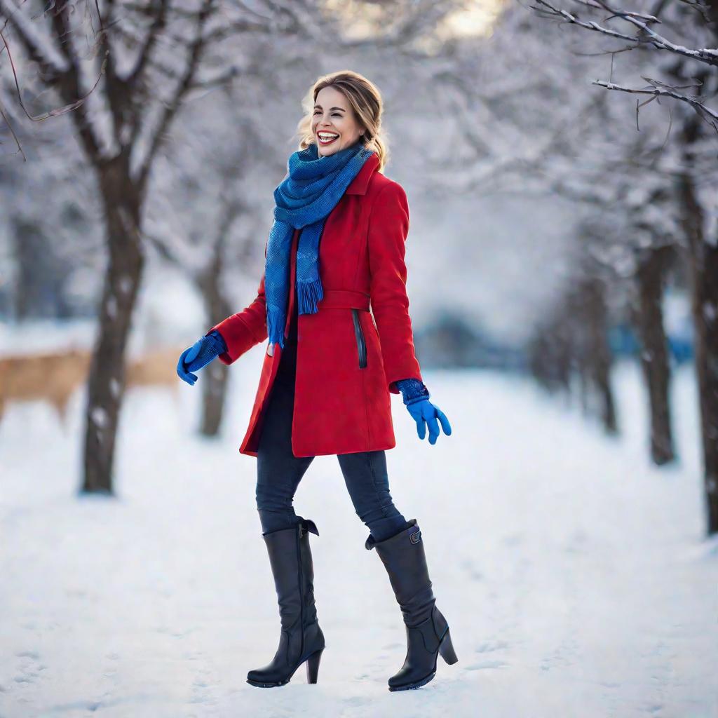 Женщина в черных кожаных сапогах на улице зимой