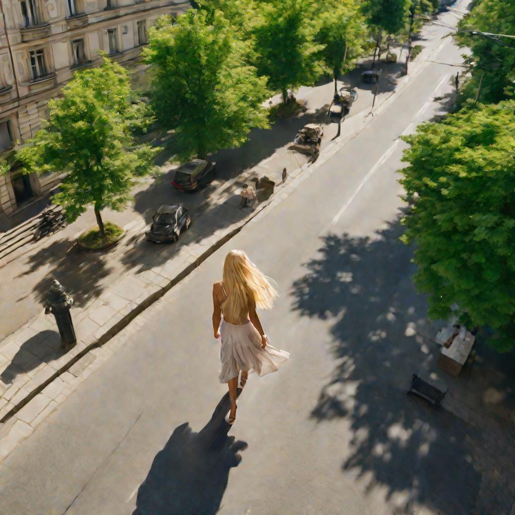 Женщина идет по улице со стрижкой каскад на длинных светлых волосах