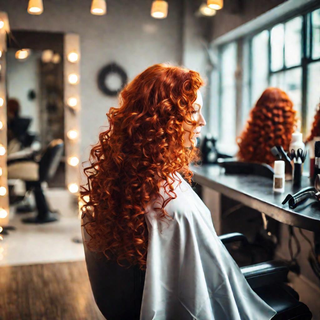 Женщина в парикмахерской делает стрижку каскад на длинных рыжих кудрявых волосах