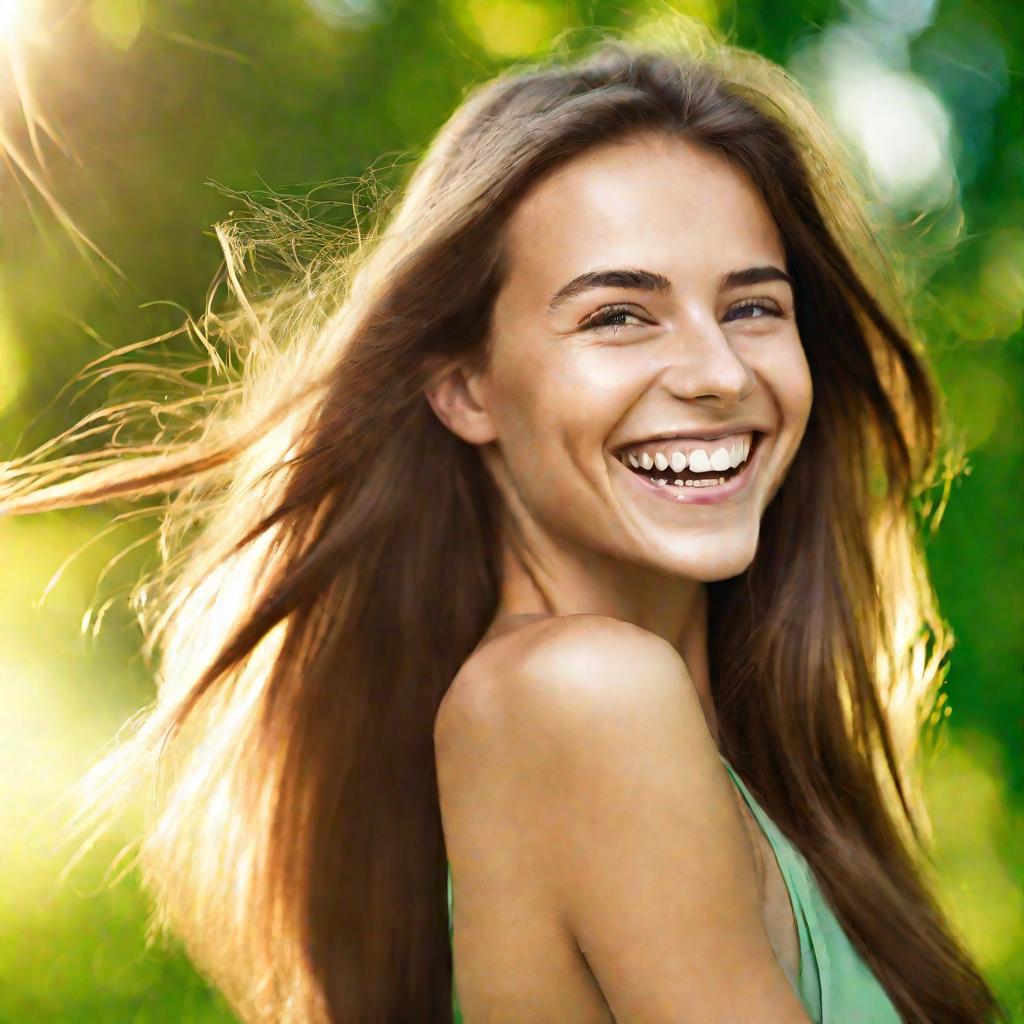 Крупный план молодой женщины с прямыми блестящими каштановыми волосами. Она радостно улыбается и взмахивает головой на размытом зеленом фоне. Вокруг ее волос сияет яркое свечение, демонстрируя результат недавнего биоламинирования.