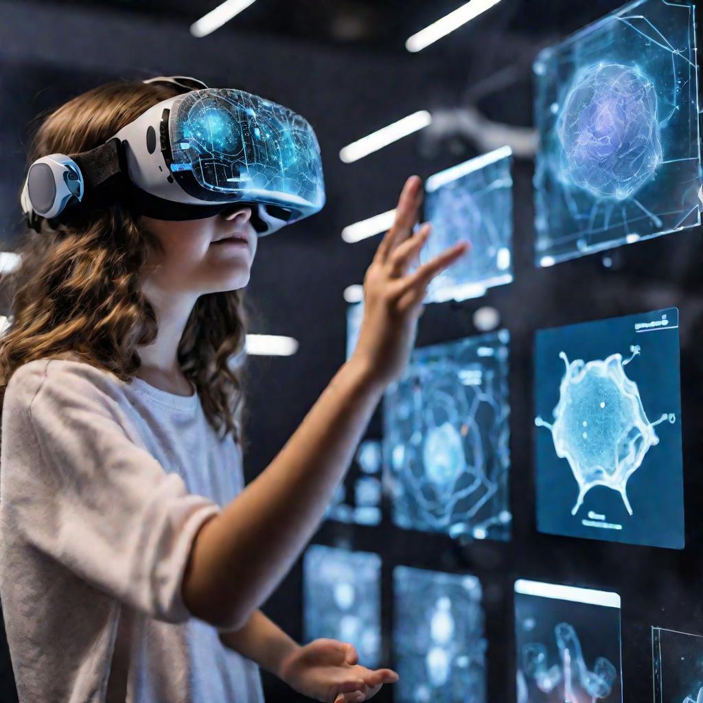 Девушка в VR очках изучает клетку