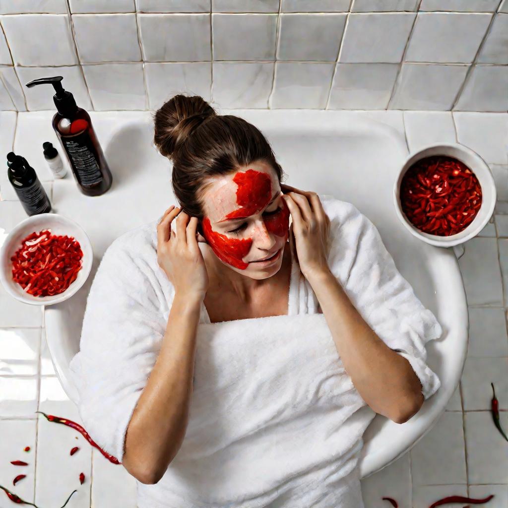 Женщина массирует маску с красным перцем в кожу головы, наклонившись над раковиной в ванной комнате