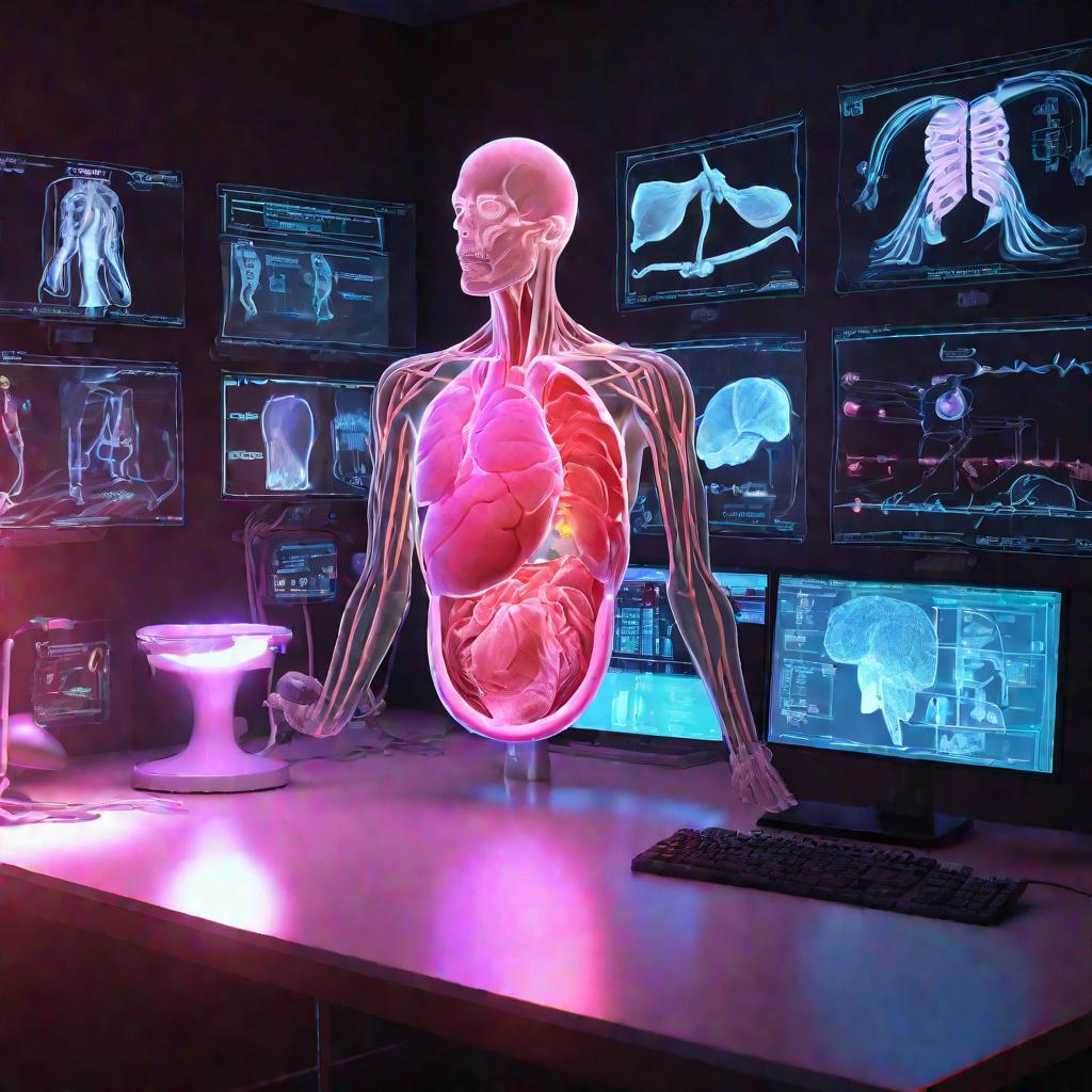 Голографический интерфейс демонстрирует модуль по анатомии с 3D моделями органов