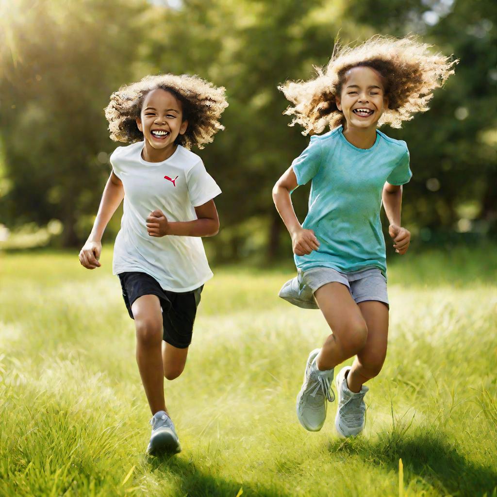 Дети в ярких детских кроссовках Рибок бегут по лугу летом