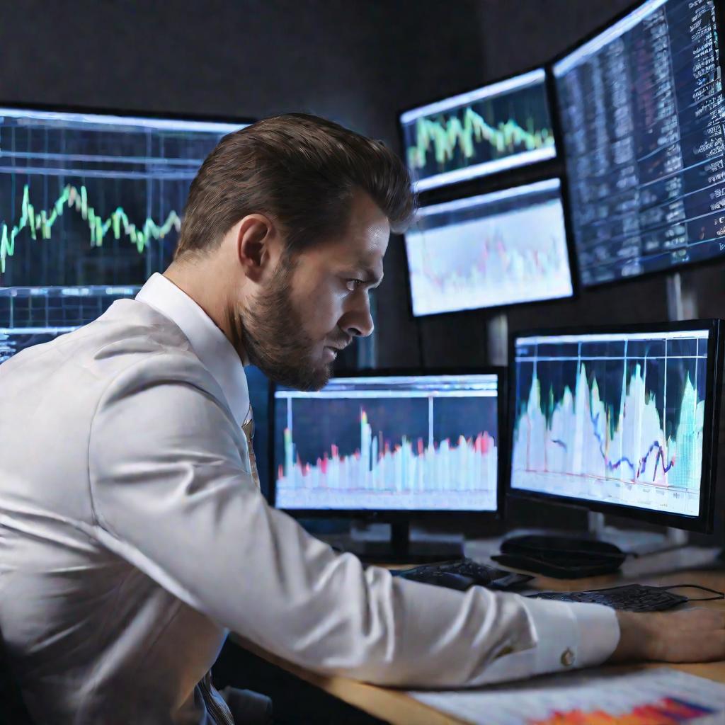 Серьезный бизнесмен в костюме работает с финансовыми графиками, анализируя данные на нескольких мониторах, демонстрирующих графики фондовой биржи. На экранах показаны подробные сложные данные. Крупный план в профиль при мягком студийном освещении.