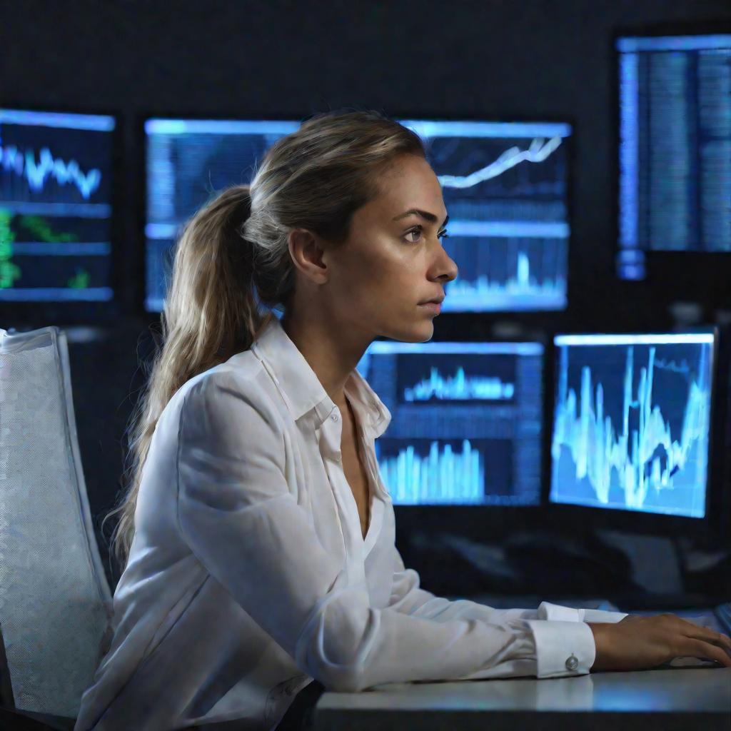 Молодая женщина-инвестор серьезно анализирует графики котировок акций на мониторах компьютера в офисе ночью.
