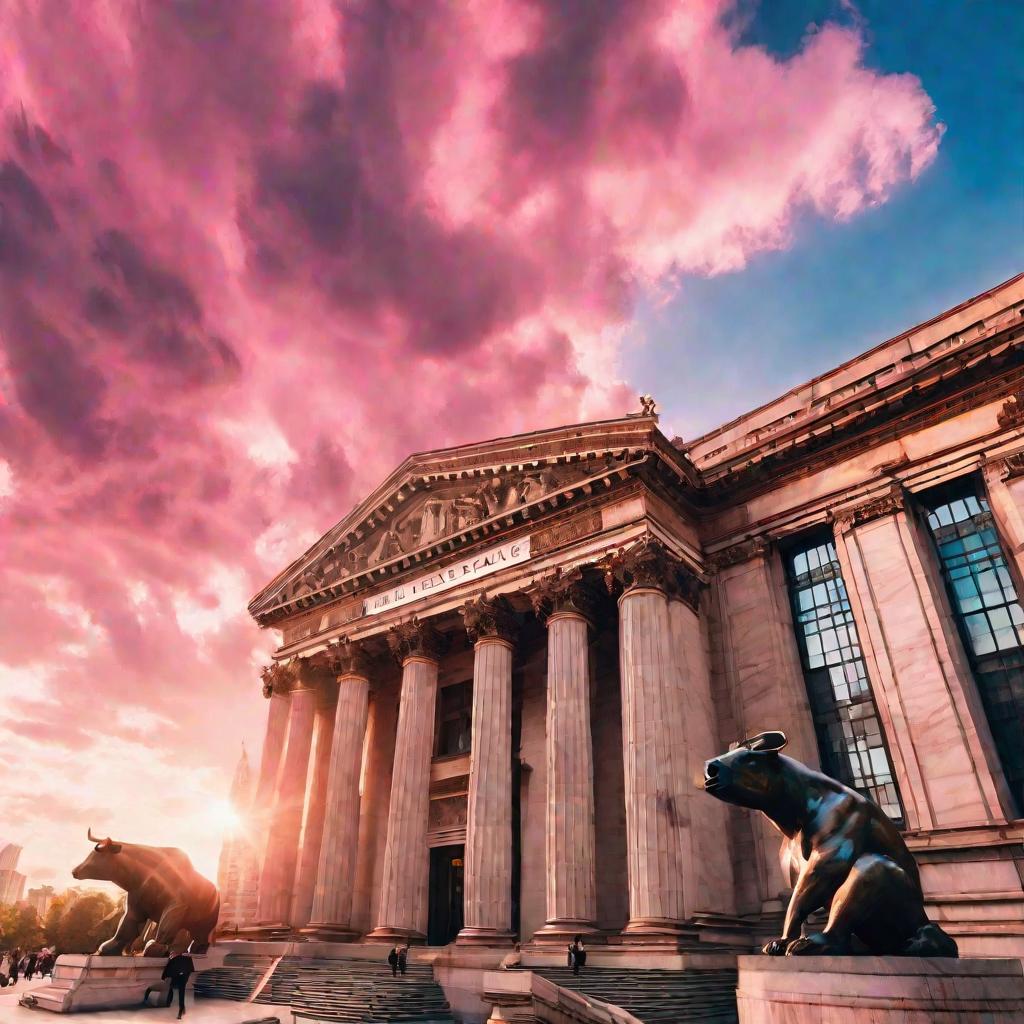 Широкий воздушный вид экстерьера большого здания фондовой биржи с возвышающимися мраморными колоннами и бронзовыми статуями быков и медведей в кинематографичном закатном освещении с потрясающими розовыми и синими облакообразованиями в небе.