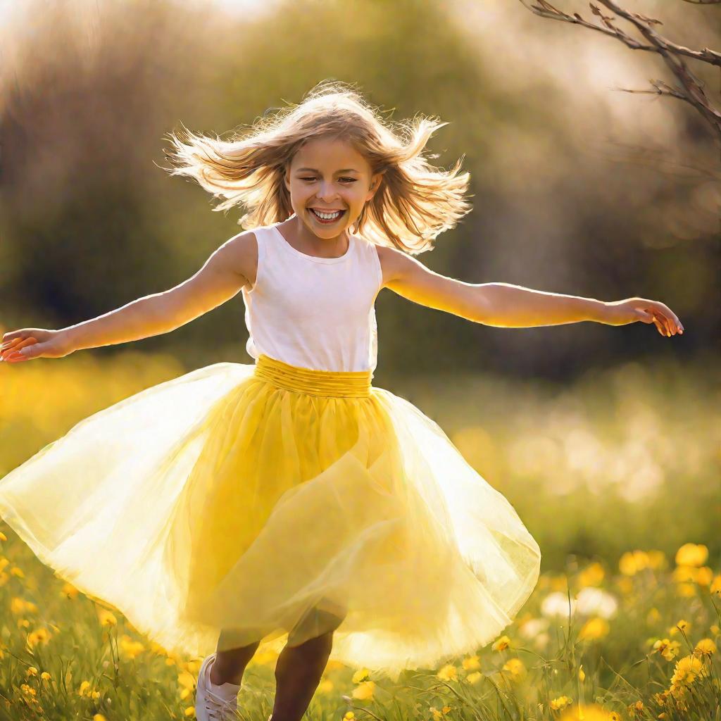 Радостная девочка в желтой пышной юбке прыгает на лугу