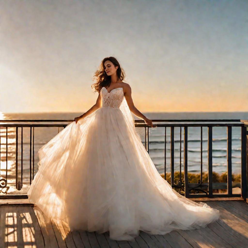 Невеста в пышном свадебном платье любуется закатом на балконе